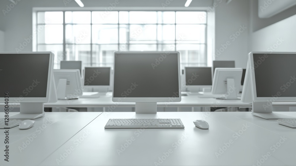 A modern office desk showcases multiple computers, emphasizing a tech-driven workspace designed for productivity and collaboration. A modern office desk showcases multiple computers, emphasizing a tech-driven workspace designed for productivity and collaboration.