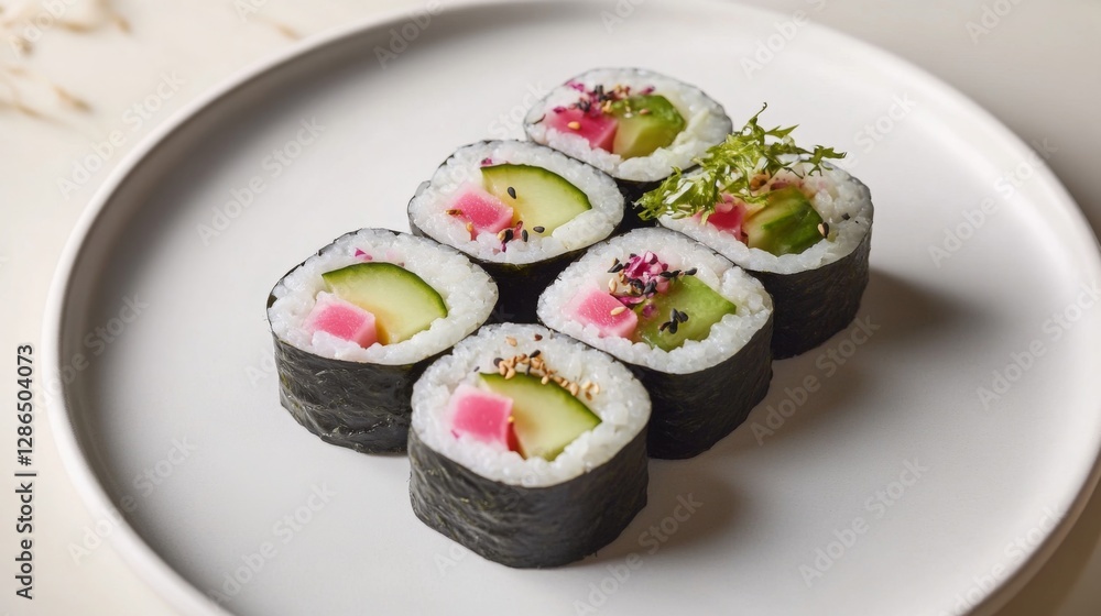 Sushi rolls served on a white plate with fresh ingredients and colorful toppings Sushi rolls served on a white plate with fresh ingredients and colorful toppings