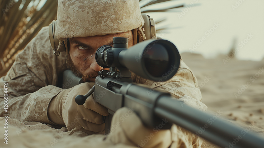 Obraz premium Military male sniper in beige camouflage aiming through a rifle scope, lying prone in the desert with a focused, determined expression