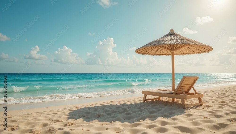 Tropical Beach Relaxation Scene Wooden Lounge Chair Straw Umbrella Clear Blue Sky - Travel Marketing Vacation Promotions Tropical Beach Relaxation Scene Wooden Lounge Chair Straw Umbrella Clear Blue Sky - Travel Marketing Vacation Promotions