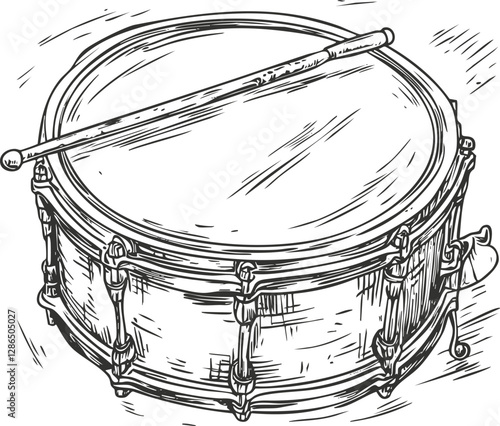 Hand-drawn sketch of a snare drum with a drumstick on top.