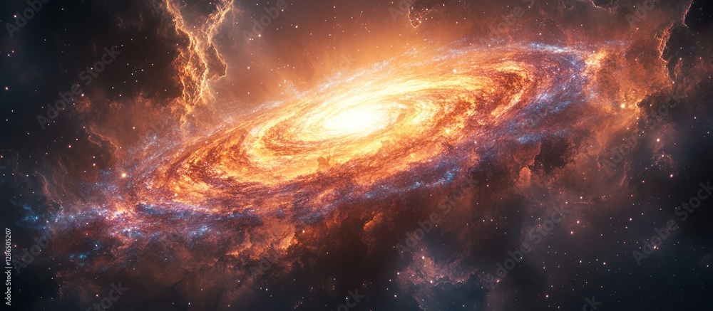 Fototapeta premium Fiery spiral galaxy with bright core and cosmic dust.