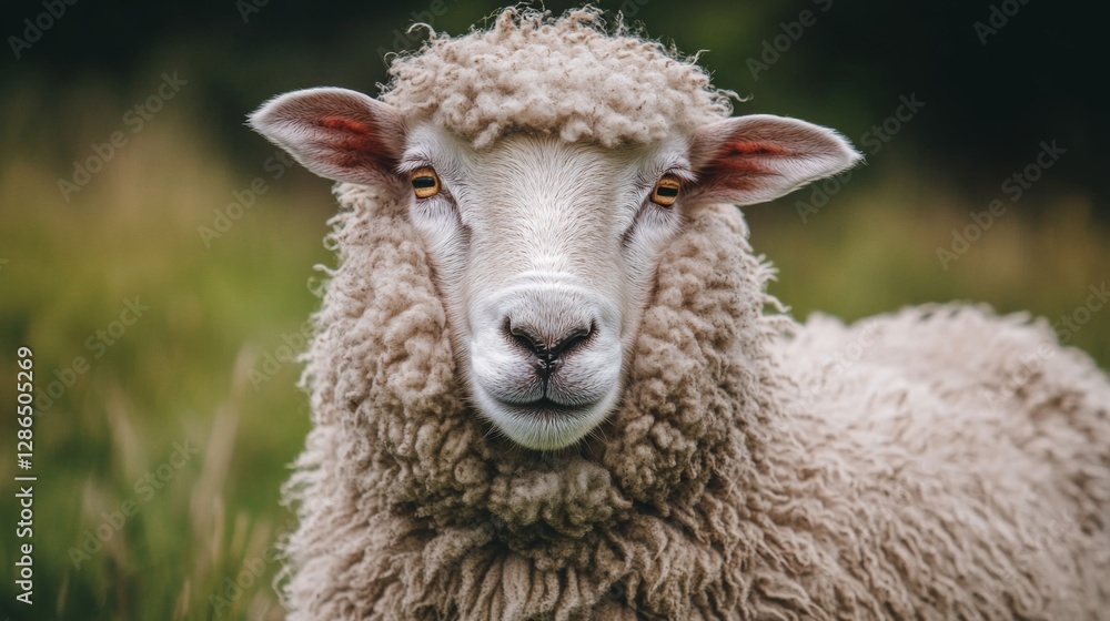 Sheep stands calmly in a lush green pasture under soft natural light during a serene afternoon Sheep stands calmly in a lush green pasture under soft natural light during a serene afternoon