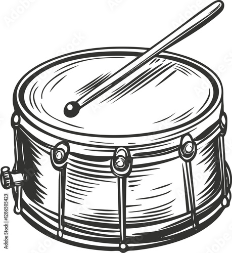 Vintage sketch of a snare drum with a drumstick on top.