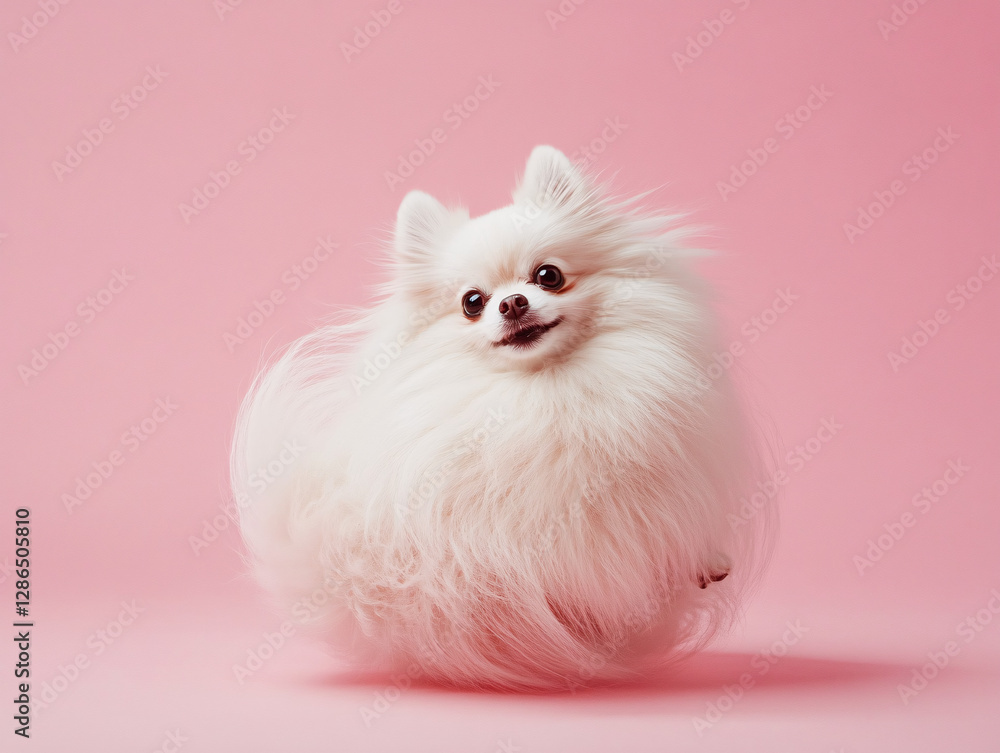 Fototapeta premium White Pomeranian Dog Pink Background Studio Puppy Pet Animal Canine Mammal Fluffy Cute Adorable Playful Happy Friend Companion Domestic Breed Small Toy