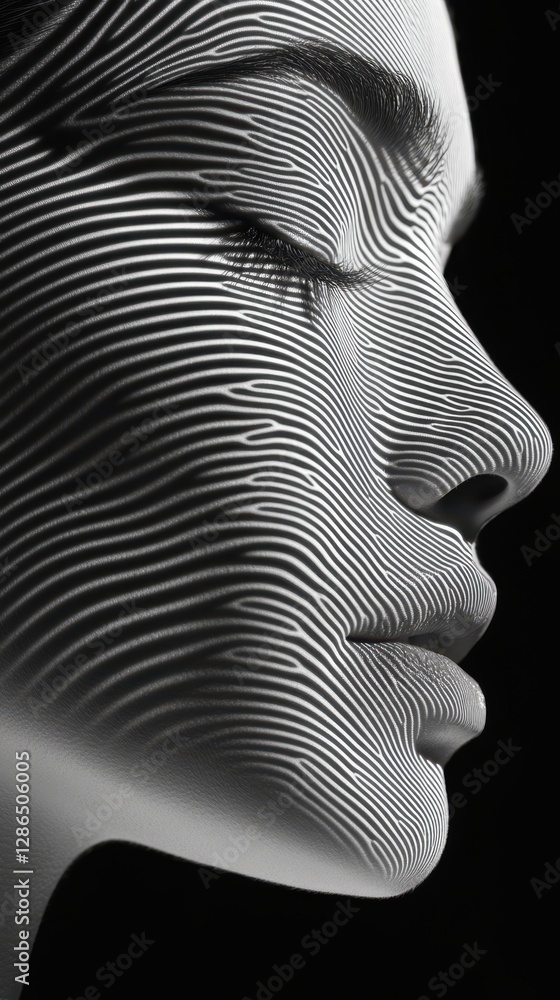 Fototapeta premium A close-up view of a woman's face featuring an intricate wavy pattern, highlighting facial features and artistic design elements.