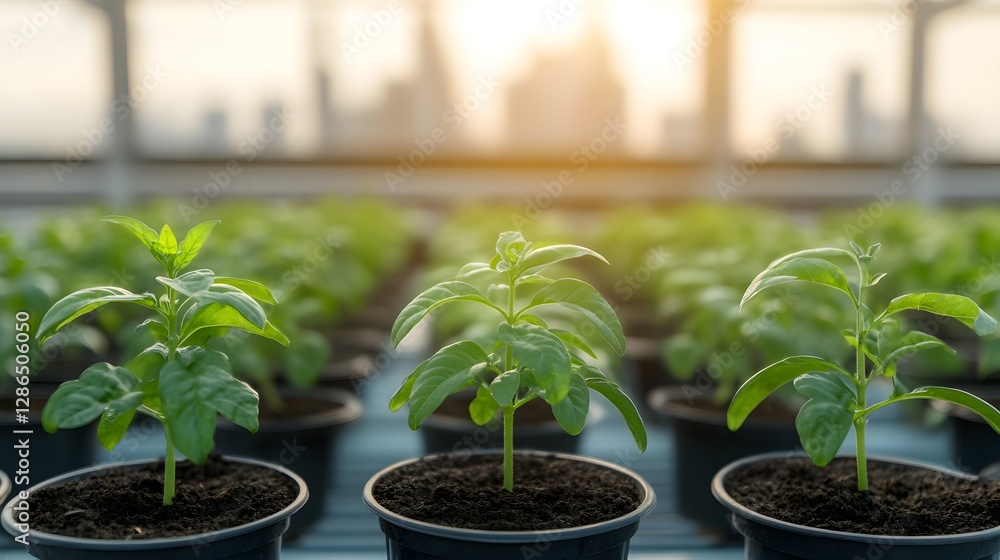 Fresh green plants in a greenhouse with a blurry industrial city skyline in the background Fresh green plants in a greenhouse with a blurry industrial city skyline in the background