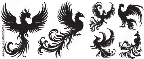 Set of Phoenix bird silhouettes, Collection of firebirds, phoenix bird set silhouette ,on white background, vector illustration, Phoenix bird, 
