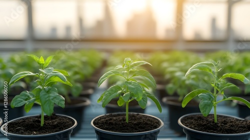 Fresh green plants in a greenhouse with a blurry industrial city skyline in the background