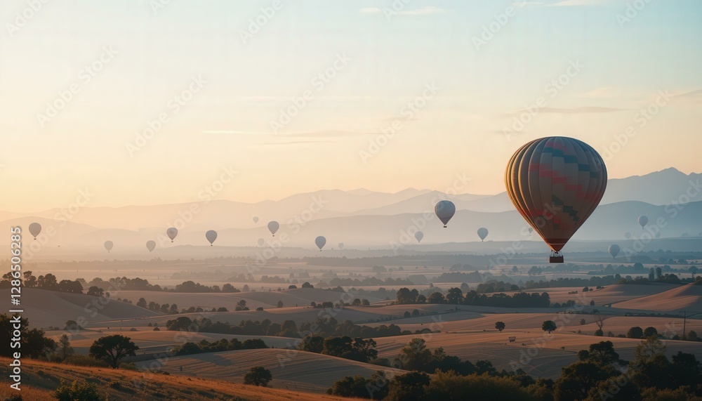 Obraz premium Colorful Hot Air Balloons Serene Sunset Scenic Rolling Hills Mountains - Aerial Travel Photography Adventure Leisure Marketing
