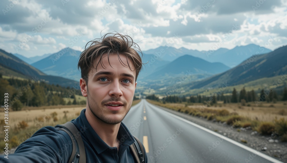 In a vast mountain range, a young man pauses for a moment, showcasing the serene landscape around him. Majestic peaks rise in the distance, framed by lush valleys and dramatic clouds In a vast mountain range, a young man pauses for a moment, showcasing the serene landscape around him. Majestic peaks rise in the distance, framed by lush valleys and dramatic clouds