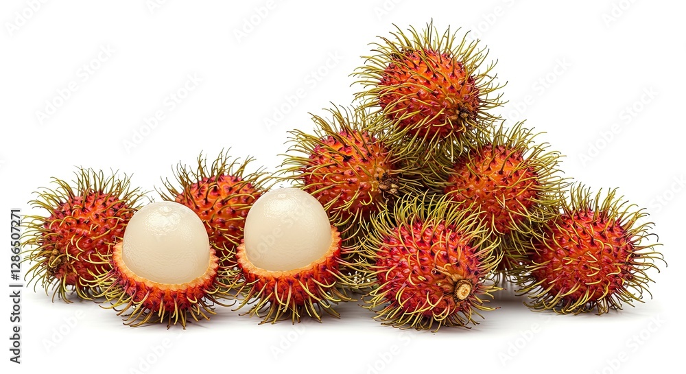 Fresh Rambutan Fruit Pile with Cut Open Pieces on White Background Fresh Rambutan Fruit Pile with Cut Open Pieces on White Background