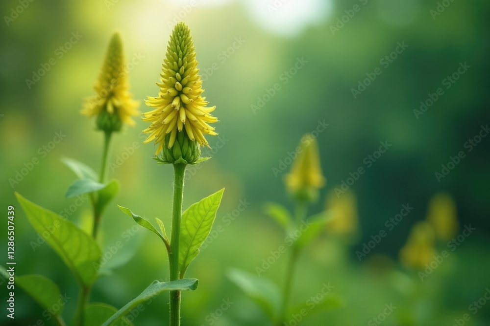 Gentle breeze rustles the leaves of a tall wildflower stalk, stem, branch Gentle breeze rustles the leaves of a tall wildflower stalk, stem, branch