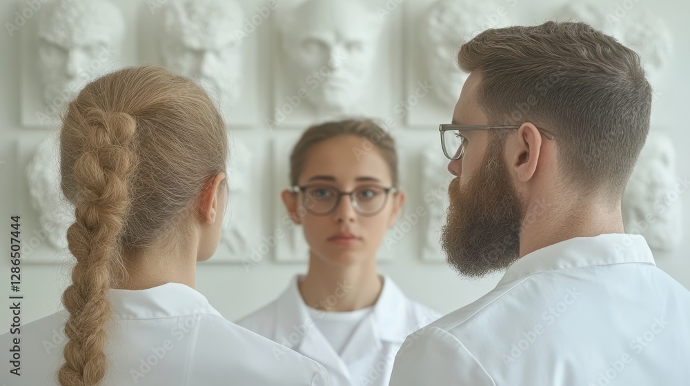 Two individuals pose thoughtfully in front of a textured wall adorned with various artistic sculptures, showcasing creativity and human expression. Two individuals pose thoughtfully in front of a textured wall adorned with various artistic sculptures, showcasing creativity and human expression.