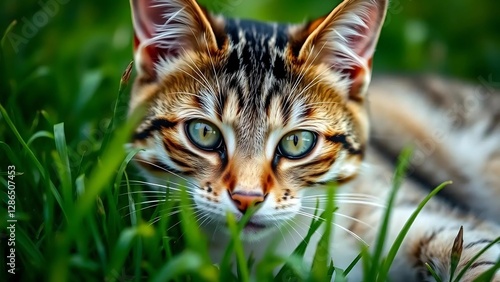 Wallpaper Mural Close-Up of Tabby Cat in Grass – Alert Green Eyes and Soft Fur Textures – Realistic Feline Portrait with Natural Lighting Torontodigital.ca