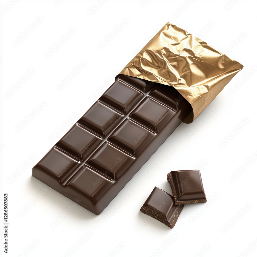 Bar of dark chocolate with elegant wrapping isolated on white background Bar of dark chocolate with elegant wrapping isolated on white background