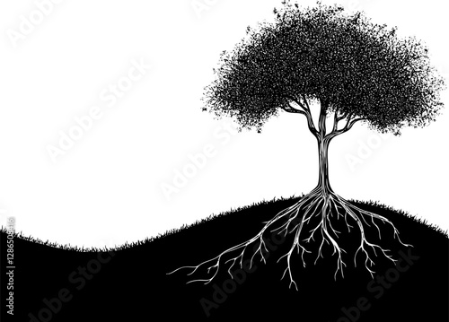 Silhouette of a tree with visible roots on a minimalist landscape.