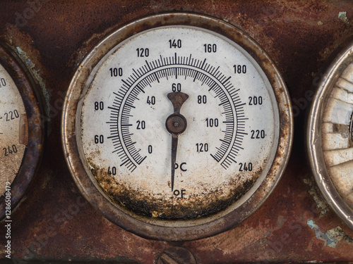 Foto A close-up of a rusty, broken thermometer with dirt and corrosion, symbolizing climate change, global warming, and the fragility of measuring environmental shifts over time