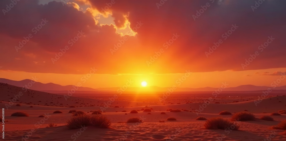 A burst of orange light flashes across a vast desert plain at dawn, early morning scene, wide open space, orange light ray A burst of orange light flashes across a vast desert plain at dawn, early morning scene, wide open space, orange light ray