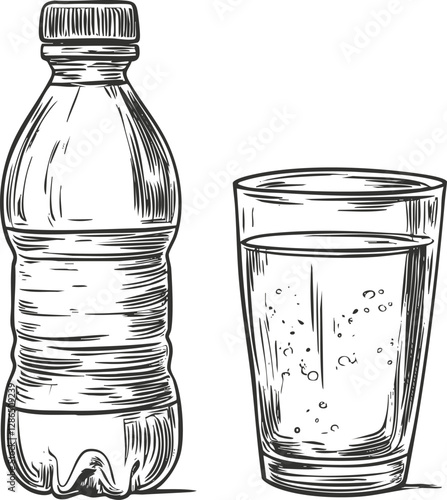 Illustration of a bottle and a glass of water in sketch style.