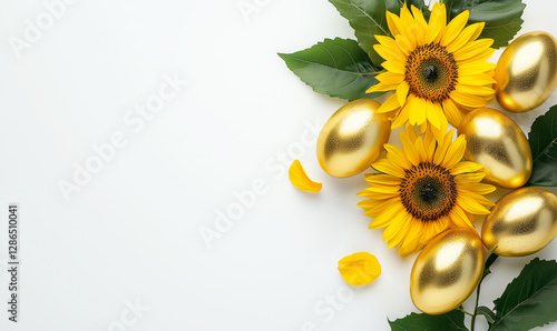 Easter greeting card with bright sunflowers and golden eggs. White background with space for text. Elegant festive theme. photo