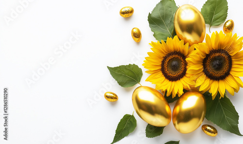 Easter greeting card with bright sunflowers and golden eggs. White background with space for text. Green leaves add elegance. photo