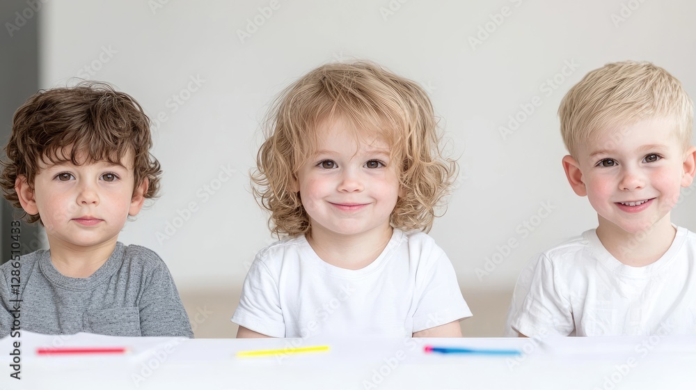 Children drawing, indoors, smiling, creative activity Children drawing, indoors, smiling, creative activity