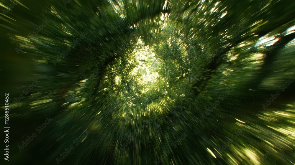 Obraz premium Aerial view showcasing a vibrant green forest captured through a circular lens, highlighting the lush foliage and natural beauty of the landscape.