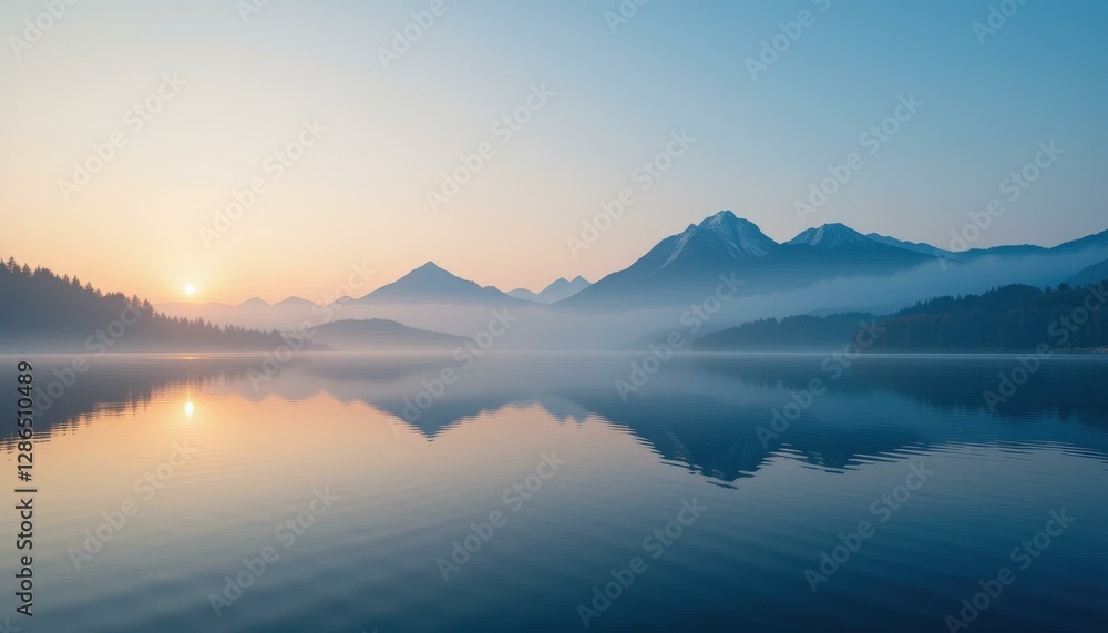 Misty Mountain Landscape Sunrise Calm Water Reflection - Serene Tranquil Scene Wellness, Relaxation, Mindfulness Misty Mountain Landscape Sunrise Calm Water Reflection - Serene Tranquil Scene Wellness, Relaxation, Mindfulness