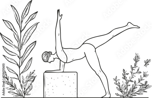 Outline illustration of a woman practicing yoga with plants.