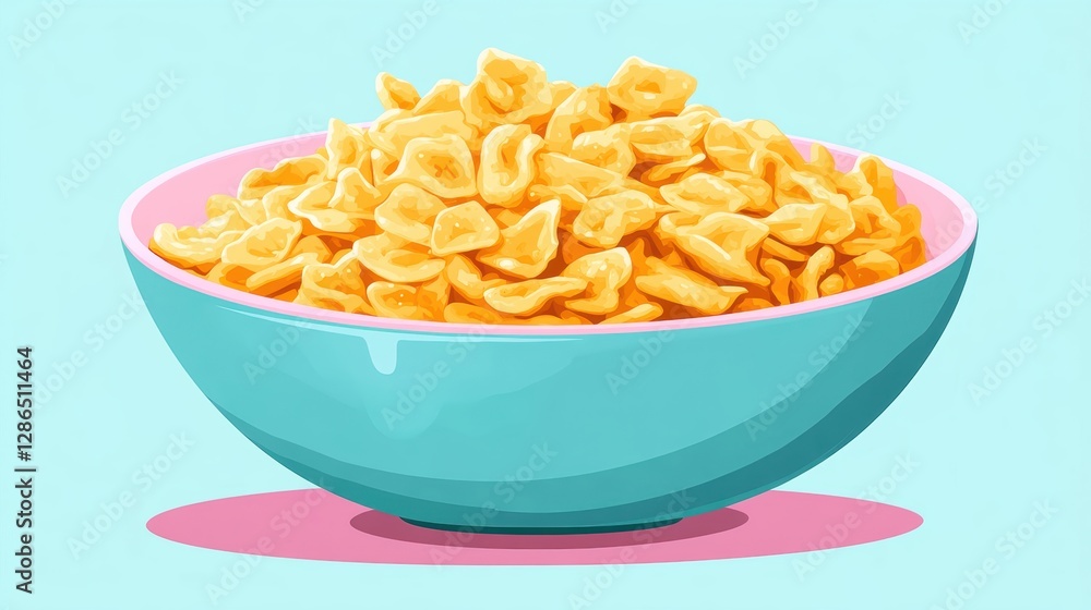 A vibrant bowl of crispy cereal against a playful pastel background. A vibrant bowl of crispy cereal against a playful pastel background.