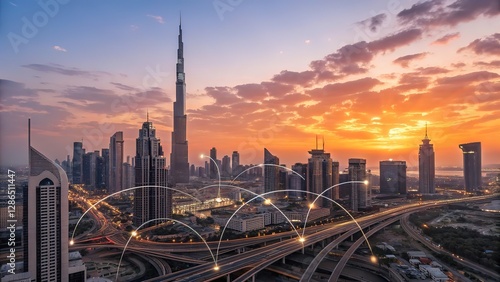Dubai Skyline at Sunset with Interconnected Network, Representing Smart City Technology and Global Communication
