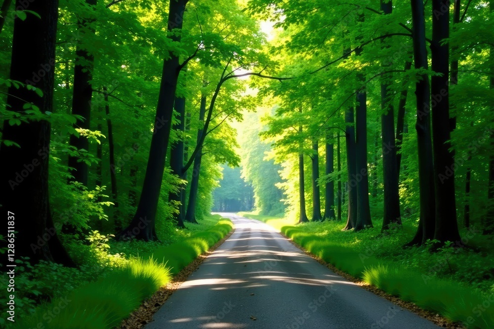 Fototapeta premium Dense foliage obstructs sunlight as trees form a tunnel on the winding road, trees, wilderness, woodland