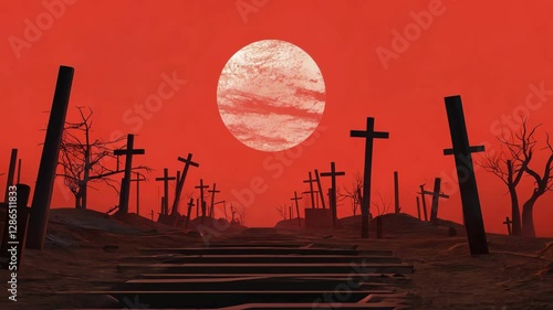 Haunting Landscape with Silhouetted Crosses and Barren Trees Under Red Moon Eerie Night of Desolation and Mystery in Barren Scene with Blood Red Sky and Full Moon, Creating Foreboding Atmosphere