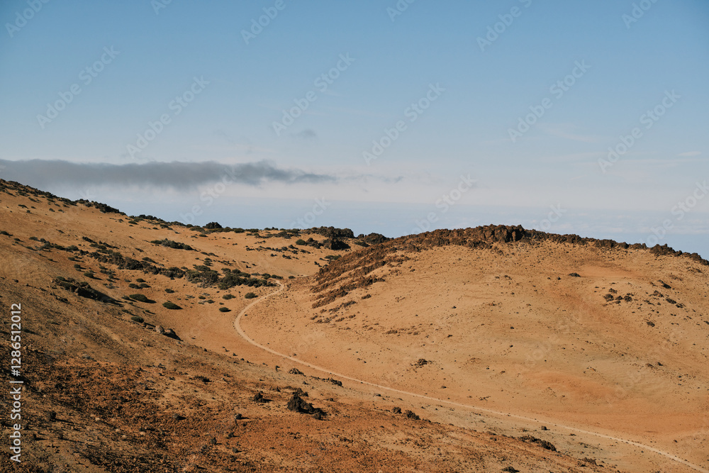 Panoramic view of a winding dirt road across a dry, arid landscape. Rugged mountains and volcanic terrain create a dramatic backdrop. Perfect for travel, adventure, or nature themes.Volcano Teide Panoramic view of a winding dirt road across a dry, arid landscape. Rugged mountains and volcanic terrain create a dramatic backdrop. Perfect for travel, adventure, or nature themes.Volcano Teide