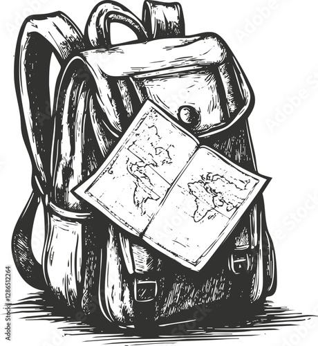 Hand-drawn sketch of a backpack with a map, symbolizing travel.
