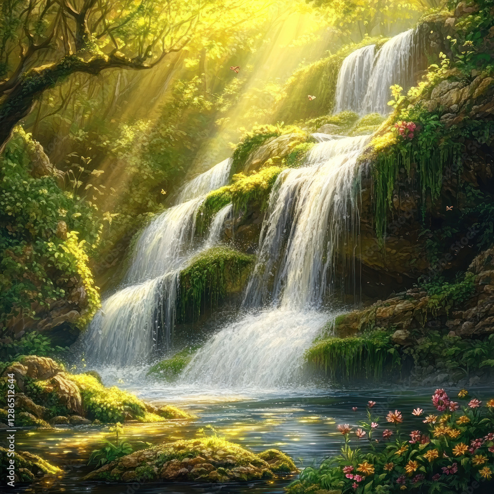 Obraz premium serene waterfall cascading gently over moss covered rocks in sunlit forest, surrounded by lush greenery and colorful flowers, creating tranquil and picturesque scene