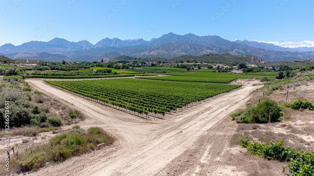 Fototapeta premium Lush green vineyard rows surrounded by dirt roads in a mountain valley under a clear blue sky.