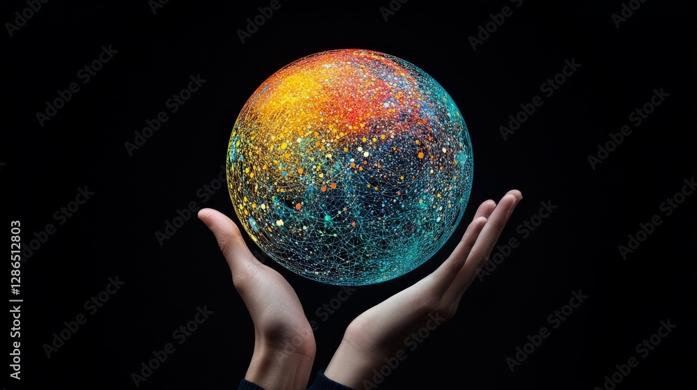 Glowing Cosmic Sphere Held by Hands Against Dark Background Glowing Cosmic Sphere Held by Hands Against Dark Background