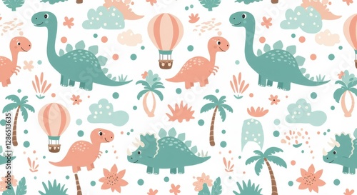 Cute dinosaur pattern, pastel colors, coral and teal, hot air balloons, palm trees, stegosaurus, triceratops, tropical leaves, playful illustration, seamless repeat, children's book style, whimsical d