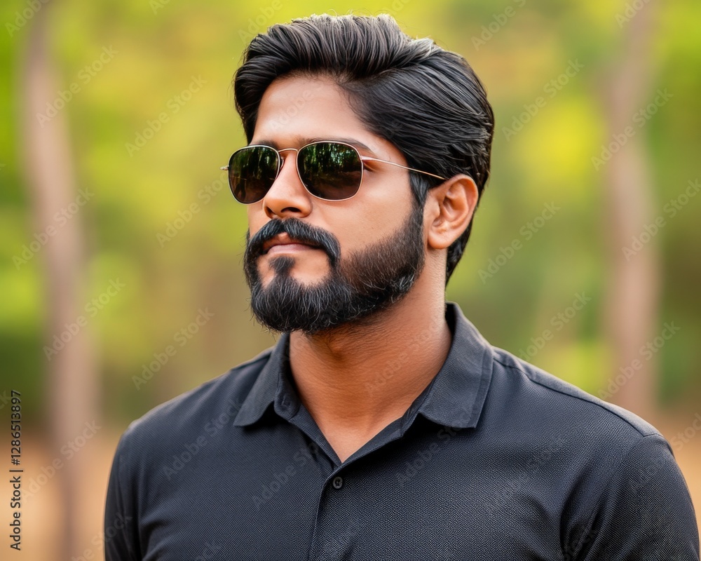 Handsome man with full dark beard wearing black sunglasses and buttoned black shirt standing confidently outdoors with blurred golden foliage in background exuding masculinity elegance and charm Handsome man with full dark beard wearing black sunglasses and buttoned black shirt standing confidently outdoors with blurred golden foliage in background exuding masculinity elegance and charm