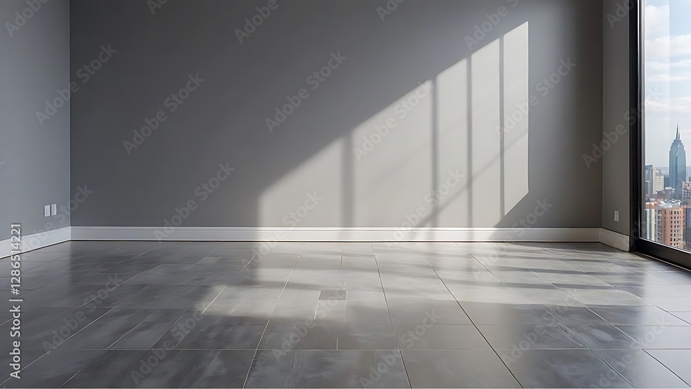 Sunlit Modern Room with Grey Walls and Floor Tiles Sunlit Modern Room with Grey Walls and Floor Tiles