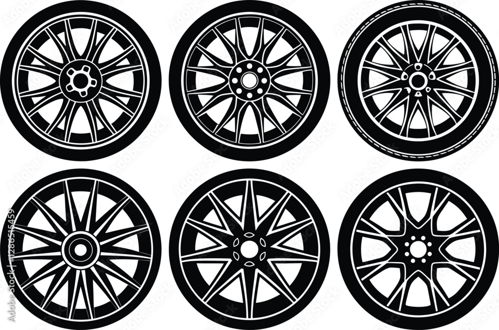 car wheel silhouette set, vehicle wheel vector silhouette icon car wheel silhouette set, vehicle wheel vector silhouette icon
