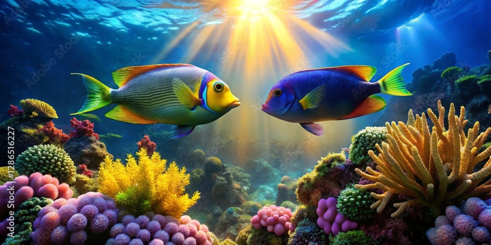 Vibrant Reef Fish Encounter Two Colorful Tropical Fish Gracefully Swim Amidst a Lush Coral Garden Bathed in Sunlit Ocean Water Vibrant Reef Fish Encounter Two Colorful Tropical Fish Gracefully Swim Amidst a Lush Coral Garden Bathed in Sunlit Ocean Water