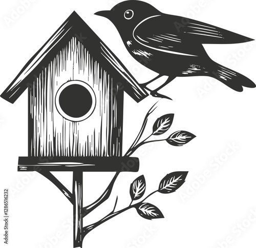 Silhouette of a bird on a wooden birdhouse with leaves.