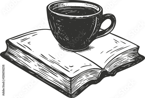 Vintage sketch of a coffee cup resting on an open book.