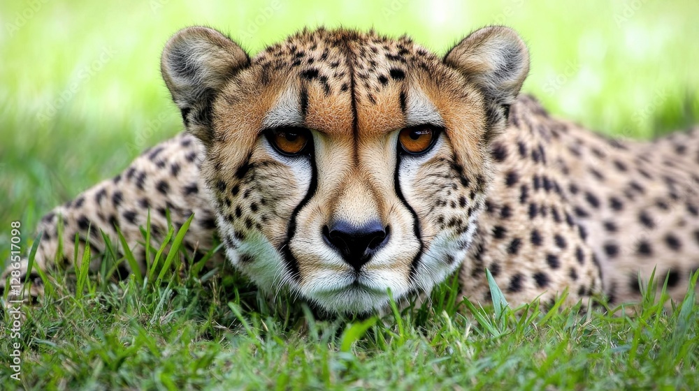 Close-Up View of a Cheetah Lazing in the Grass with Intense Eyes and Beautiful Patterns Close-Up View of a Cheetah Lazing in the Grass with Intense Eyes and Beautiful Patterns