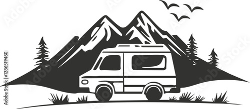 Silhouette of a camper van with mountains and trees in the background.