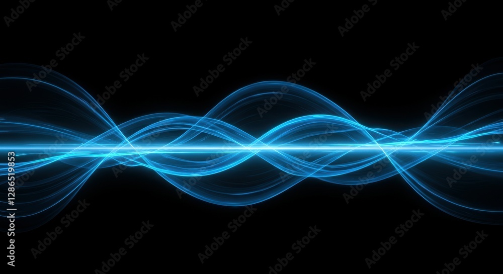 Obraz premium Abstract waves, glowing blue lines, intertwining curves, black background, digital art, neon effect, flowing energy, dynamic composition, futuristic design, ethereal light trails, smooth gradients, te