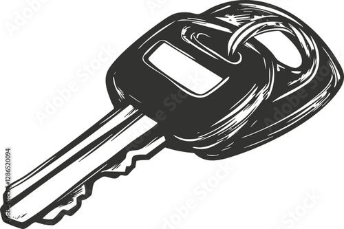 Monochrome illustration of a key with a keyring in sketch style.